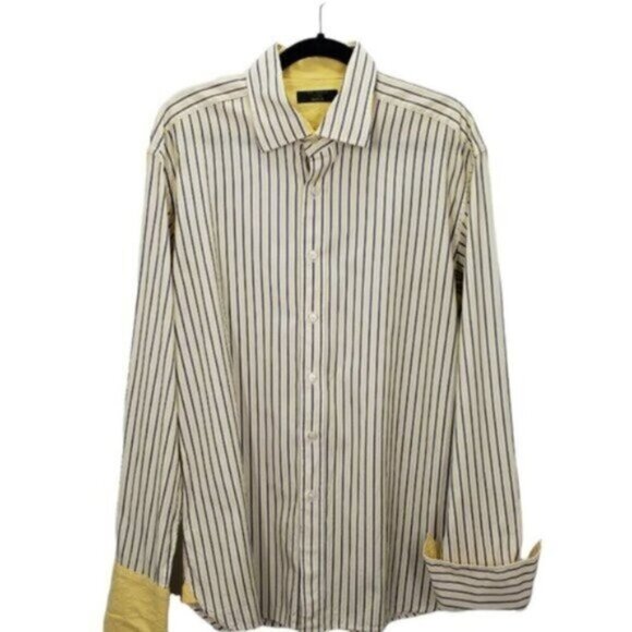Ted Baker London Men's White Yellow Blue Striped Button Up Shirt Sz 17 Flip Cuff - Picture 1 of 13